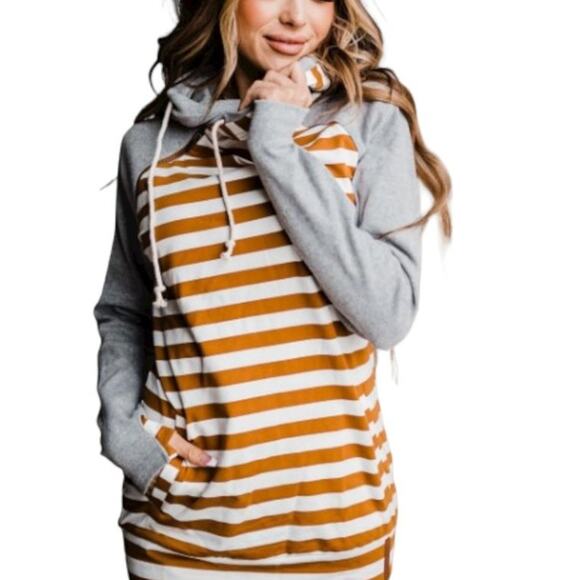 Ampersand Double Hood Hoodie Pullover Striped Sweatshirt Women Medium NWT - Picture 1 of 8